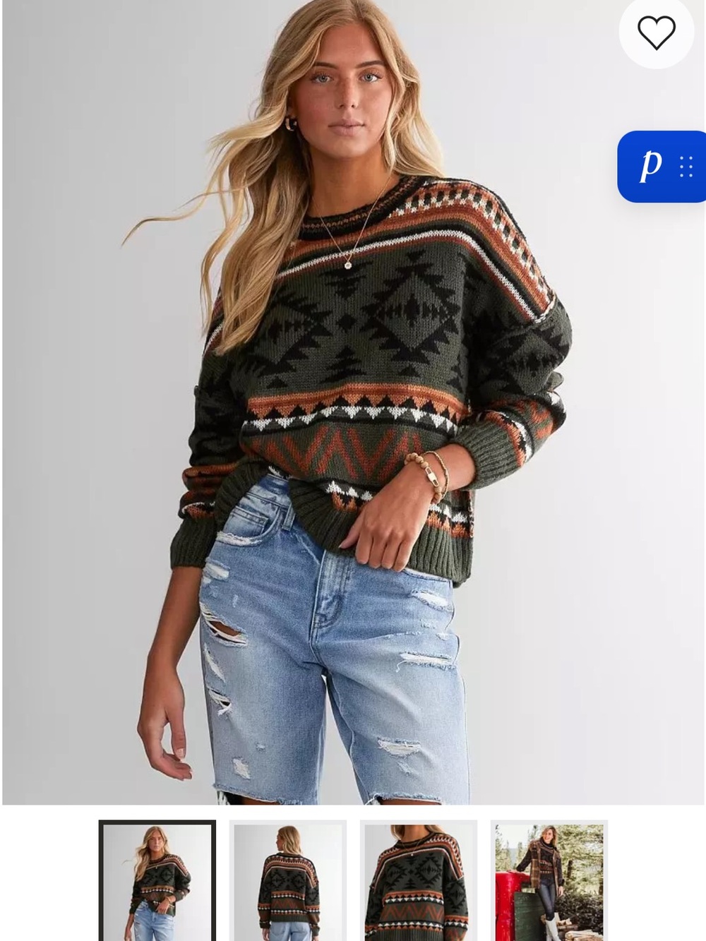 Women's Olive Aztec Crewneck Sweater with Rust Accents
